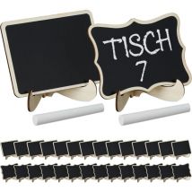 Panneaux de table, lot de 30, petites pancartes inscriptibles, en bois, avec 2x craies, nature - noir - Relaxdays