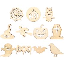 Tiquettes en bois d'Halloween 50 pièces Pendentif en bois d'Halloween diy Graffiti Citrouille Sorcière Découpe en bois (Couleur bois)