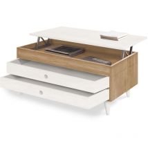 Etna, Mesa Centro Elevable Madera Maciza Natural Dos Cajones Deslizantes, Color Encerado y Negro, Medidas: 100 cm x 50 cm x 47 cm