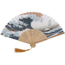 Eventail Japonais Kanagawa Sea Waves Éventail Décoration Japonaise Eventails Soie et Bambou avec Frange Mini Evantail etui de Protection En Tissu