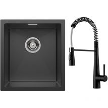 Cecipa Max - vier 1 Bac 40x44cm Noir Évier de Cuisine Évier Inox + Noir Mitigeur Cuisine à Ressort avec 3 Modes de Sortie D'eau