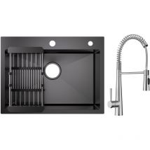 Cecipa Max - vier 1 Bac 60×45cm avec Panier de Drainage Évier Cuisine Noir + Brossé Mitigeur Cuisine à Ressort avec 3 Modes de Sortie D'eau