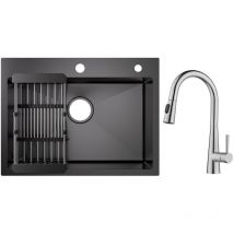 Cecipa Max - vier 1 Bac 60×45cm avec Panier de Drainage Évier Cuisine Noir + Mitigeur de Cuisine avec Douchette Extractible, Robinet de Evier avec 3