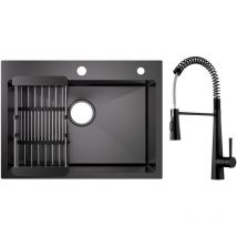 Cecipa Max - vier 1 Bac 60×45cm avec Panier de Drainage Évier Cuisine Noir + Noir Mitigeur Cuisine à Ressort avec 3 Modes de Sortie D'eau