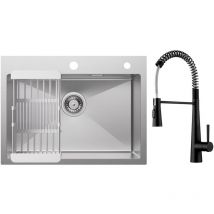 Cecipa Max - vier 1 Bac 60×45cm avec Panier de Drainage Évier de Cuisine Brossé + Mitigeur Cuisine à Ressort avec 3 Modes de Sortie D'eau, Noir