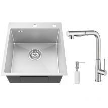 Auralum Max - vier 1 Bac en Inox 44x49x20CM Évier Cuisine Argent avec Mitigeur cuisine, Distributeur de savon et Système de Drainage