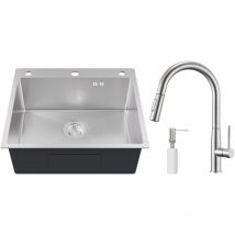 Auralum - vier 1 Bac en Inox 54x49x20CM Évier Cuisine Argent avec Robinet de Cuisine, Distributeur de savon et Système de Drainage
