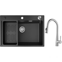 Evier 1 Bac en Quartz et Résine 70x45cm Evier de Cuisine avec Panier de Vidange et Distributeur de Savon + Mitigeur de Cuisine avec Douchette