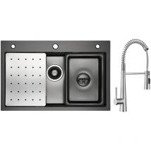 Cecipa Max - vier 1 Bac Noir 70×45cm avec Egouttoir, Vasque, Distributeur de Savon + Brossé Mitigeur Cuisine à Ressort avec 3 Modes de Sortie D'eau