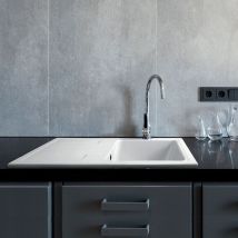 Évier Céramique Blanc 86x50 Cm – 1 Bac Réversible – Équipement Inclus : Bonde, Siphon, Tuyaux D'Évacuation – Pour Meuble Sous Évier 60 Cm – Ewi