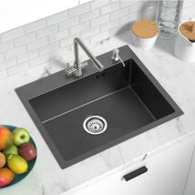 Auralum Évier 1 Bac 55×45×18.5CM Évier Cuisine Noir en Acier Inoxydable avec Distributeur de savon et Système de Drainage, Montager à encastrer ou à