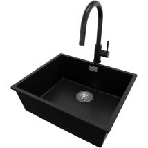 Evier Cuisine 56 x 47 cm Evier en Granit 1 bac + Robinet + Siphon Classique, Lavabo Cuisine de Primagran, Noir