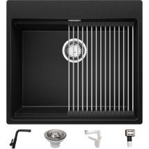 Primagran - Evier Cuisine 58 x 53 cm, Evier en Granit 1 bac + Robinet 8700 + Kit de Vidage, Evier a Encastrer de Noir - black