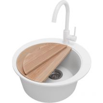 Primagran - Evier cuisine Granit Rond Blanc 50x50cm, Evier 1 bac + Kit de Vidage + Robinet + Planche à Découper, Lavabo Cuisine au meuble 45cm de