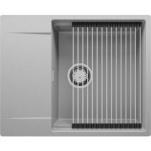 Evier Cuisine en Granit 62 x 50 cm Lavabo 1 bac + Siphon Classique + égouttoir enroulable, Évier à Encastrer de Primagran, Gris
