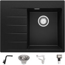 Primagran - Evier Cuisine en Granit 62 x 50 cm, Lavabo 1 bac + Robinet 8000 + Kit de Vidage, Évier à Encastrer de Noir - black
