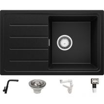 Evier Cuisine en Granit 70 x 44 cm, Lavabo 1 bac + Robinet 8000 + Kit de Vidage, Évier à Encastrer de Primagran, Noir