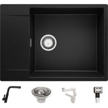 Primagran - Evier Cuisine en Granit 70 x 50 cm, Lavabo 1 bac + Robinet 8000 + Kit de Vidage, Évier à Encastrer de Noir - black