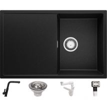 Primagran - Evier Cuisine en Granit 78 x 50 cm, Lavabo 1 bac + Robinet 8000 + Kit de Vidage, Évier à Encastrer Ibiza 780 de Noir Metallic