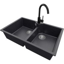 Primagran - Evier Cuisine en Granit 78 x 50 cm Lavabo 2 bacs + Robinet + Siphon Classique, Évier à Encastrer de Graphite