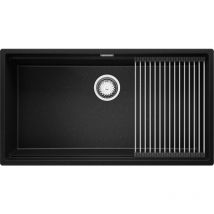 Primagran - Evier Cuisine en Granit 86x47 cm Lavabo 1 bac + Siphon Classique + égouttoir enroulable, Évier à Encastrer de Noir Metallic