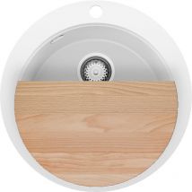 Primagran - Evier cuisine Granit Rond Blanc 53x53cm, Evier 1 bac + Kit de Vidage + planche à découper, Lavabo Cuisineau meuble 50cm - Pise Max Top de