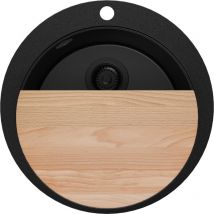 Primagran - Evier cuisine Granit Rond Tout Noir 53x53cm, Evier 1 bac + Kit de Vidage, Lavabo Cuisineau meuble 50cm - Pise Max Top de