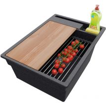 Primagran - vier Cusine en Granit 38x53 cm Lavabo Cuisine 1 Bac + Kit de Vidage, Évier au meuble 40cm Évier à Encastrer de Graphite