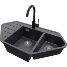 Primagran - Evier d'angle en Granit 90 x 50 cm Lavabo Cuisine 1,5 bac + Robinet + Siphon Classique, Évier à Encastrer de Graphite