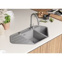 Primagran - Evier d'angle en Granit 90 x 50 cm, Evier en Granit Cuisine 1,5 bac + Kit de Vidage, Evier a Encastrer Copenhague 900 Corner de Gris