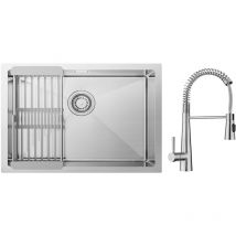 Cecipa Max - vier de Cuisine 1 Bac Brossé avec Panier de Drainage 60×44cm + Mitigeur de Cuisine à Ressort avec 3 Modes de Sortie D'eau, Brossé