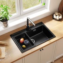 Anycee Max Küchenspüle, Einzelbecken Aus Granit, 70 × 46 × 20 Cm, Aufsatzspüle, Anthrazitgrau, Inkl. Abtropfkorb Und Ablaufgarnitur