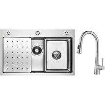 Évier de Cuisine Évier 1 Bac 70×45cm avec Egouttoir / Vasque / Distributeur de Savon + Mitigeur de Cuisine avec Douchette Extractible, Robinet de