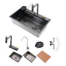 Esip - vier de cuisine nano évier en acier inoxydable 304 Évier de cuisine profond à une cuve avec cascade Robinet à tirer et planche à découper &