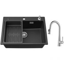 Cecipa Max - Evier en Quartz et Résine 6045cm, avec Panier de Vidange et Distributeur de Savon Gratuits + Mitigeur de Cuisine avec Douchette