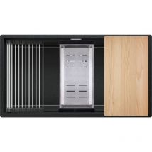 Primagran - Evier Multifonction en Granit, 86 x 47 cm, Evier 1 bac + Kit de Vidange + Accessoires, Évier à Encastrer de Graphite - black#white