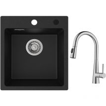 Cecipa Max - Evier Quartz Noir 40x45cm Evier de Cuisine en Granit Evier à Encastrer 1 Vasque + Mitigeur de Cuisine avec Douchette Extractible,