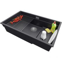 Primagran - vier Sous-Plan en Granit 76x47 cm Lavabo Cuisine 1 Bac + Kit de Vidage, Évier au meuble 80cm Évier de Graphite