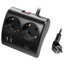 Ewent Plug de Mesa avec 2 prises Schuko et 2 ports USB-A et 1 port USB-C, interrupteur marche/arrêt 3680W, protection contre les surcharges, prise
