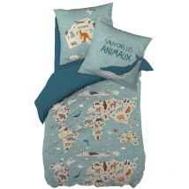Altobuy - explore - Parure de Lit Coton Motif Monde Housse de Couette 140x200cm + Taie d'Oreiller