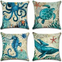 Extérieur Housse De Coussin, Lot De 4 Imperméable La Vie Marine Bleue Motif Canapé Taie D'oreiller Pour Patio Jardin Salon Chambre Décoration, 45x45cm