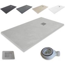 Ultraflache Duschwanne aus Harz Outletaseo Rutschfeste Schieferstruktur -【160x70 cm, Zementgrau RAL-7036】 - Inklusive Ablaufventil + Abdeckung
