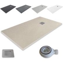 Ultraflache Duschwanne aus Harz Outletaseo - Rutschfeste Schieferstruktur -【120x80 cm, BEIGE-1172】 - Inklusive Ablaufventil + Abdeckung