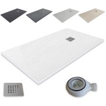 Ultraflache Duschwanne aus Harz Outletaseo Rutschfeste Schieferstruktur -【100x70 cm, weiß RAL-9003】- Inklusive Ablaufventil + Abdeckung