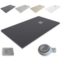 Ultraflache Duschwanne aus Harz Outletaseo - Rutschfeste Schieferstruktur -【140x90 cm, schwarz RAL-9005】- Inklusive Ablaufventil + Abdeckung