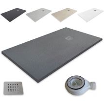 Ultraflache Duschwanne aus Harz Outletaseo Rutschfeste Schieferstruktur -【70x90 cm, Graphit RAL-7015】 - Inklusive Ablaufventil + Abdeckung