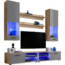 Extreme Furniture, Système Mural Vida, (lxhxp): 200 X 195 X 45, Carcasse En Wotan Mat, Façades En Gris Brillant, Led Multicolores Avec Télécommande