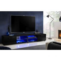 Extreme Furniture - Armoire tv T32-200, (LxHxP): 200 x 34,5 x 45, corps en Noir Mat, Façades en Noir Brillant, led rgb