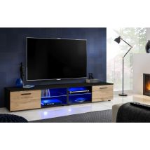Armoire tv T32-200, (LxHxP): 200 x 34,5 x 45, corps en Noir Mat, Façades en Wotan Mat, blue LEDs - Extreme Furniture