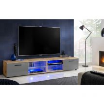 Extreme Furniture - Armoire tv T32-200, (LxHxP): 200 x 34,5 x 45, corps en Wotan Mat, Façades en Brillant Gris, blue LEDs